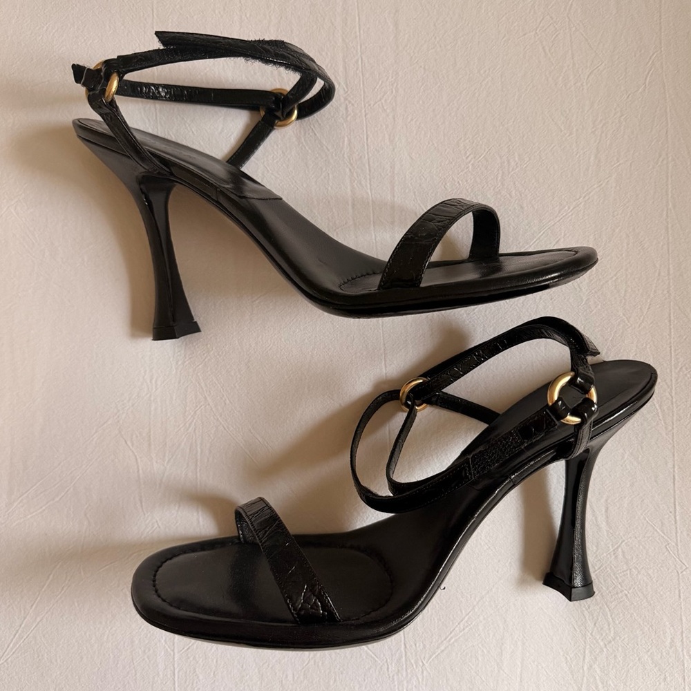 By Far patent leather croc print heels with gold accent